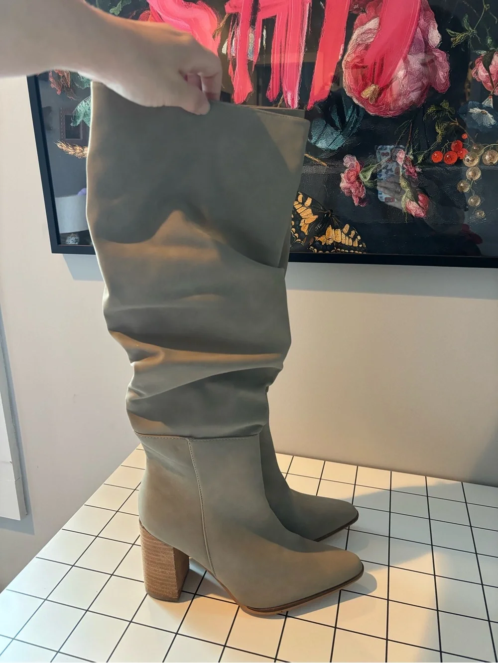 Knee-High Slouch Block Heel Boots in Taupe